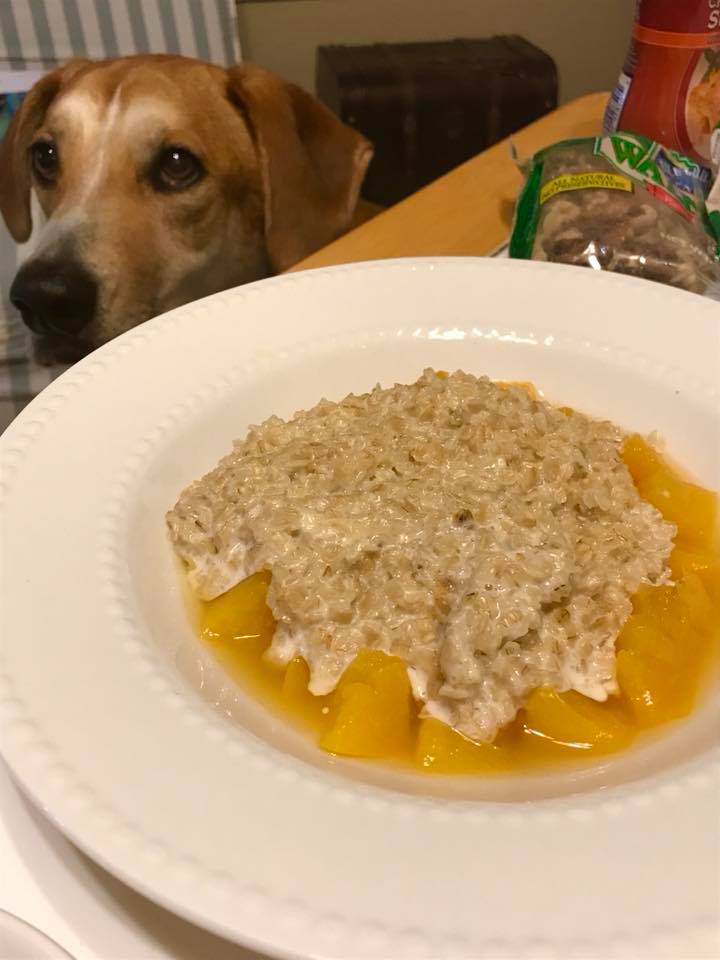 An inviting breakfast table with a bowl of warm oatmeal and peaches and cream.